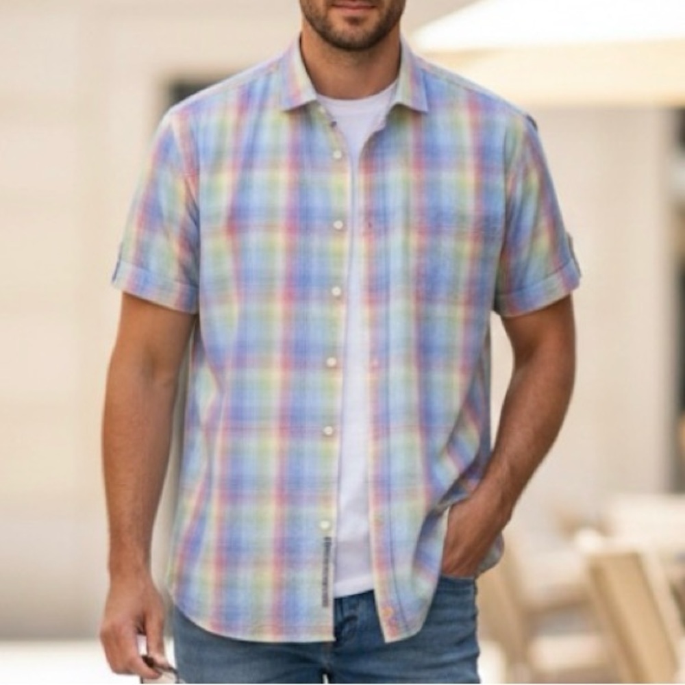 Thomas Dean Shirt Short Sleeves Button Up Cotton Rainbow Pastel Colors Size XL